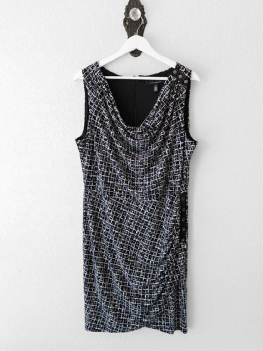 White House Black Market Black White Draped Sheath Dress Size 14 Career Party
